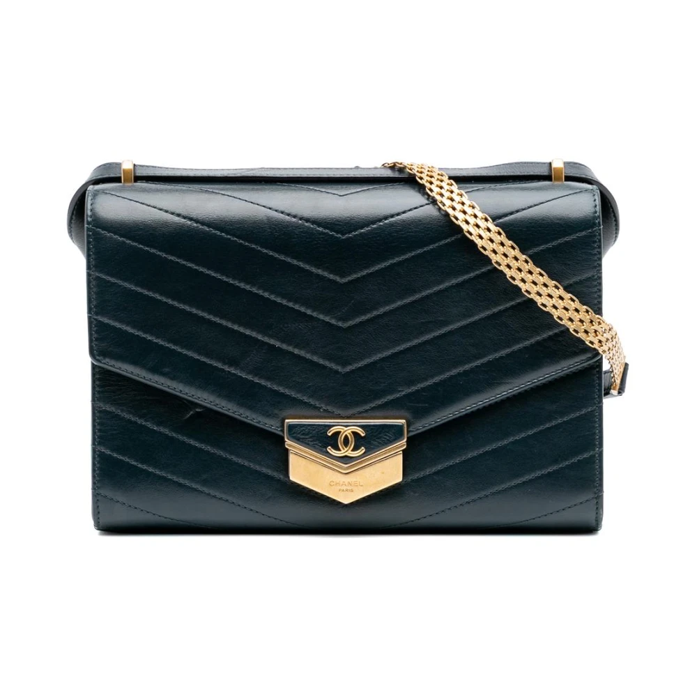 Chanel Vintage Damen Grün Gebrauchte Chevron-Lederschultertasche