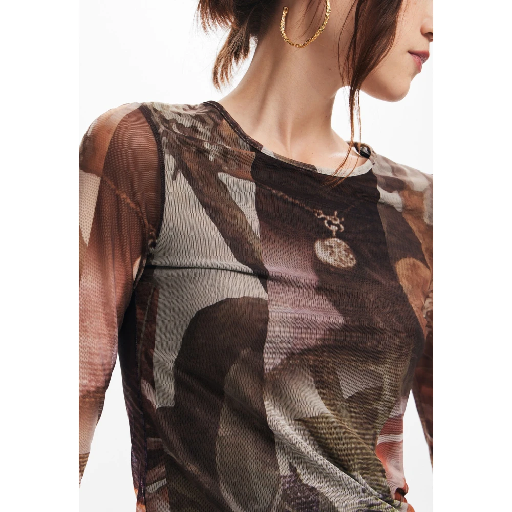 Desigual Bruine Bedrukte Lange Mouw T-shirt Brown Dames
