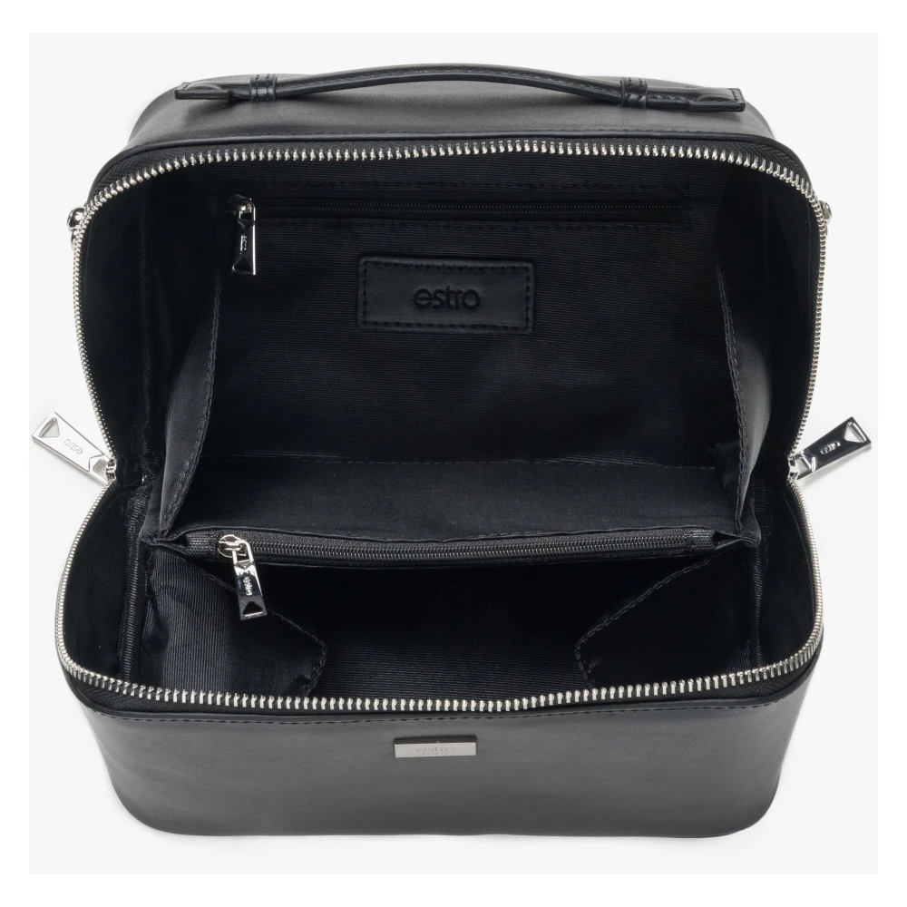 Estro Zwarte Leren Compacte Make-up Tas voor Vrouwen Black Dames