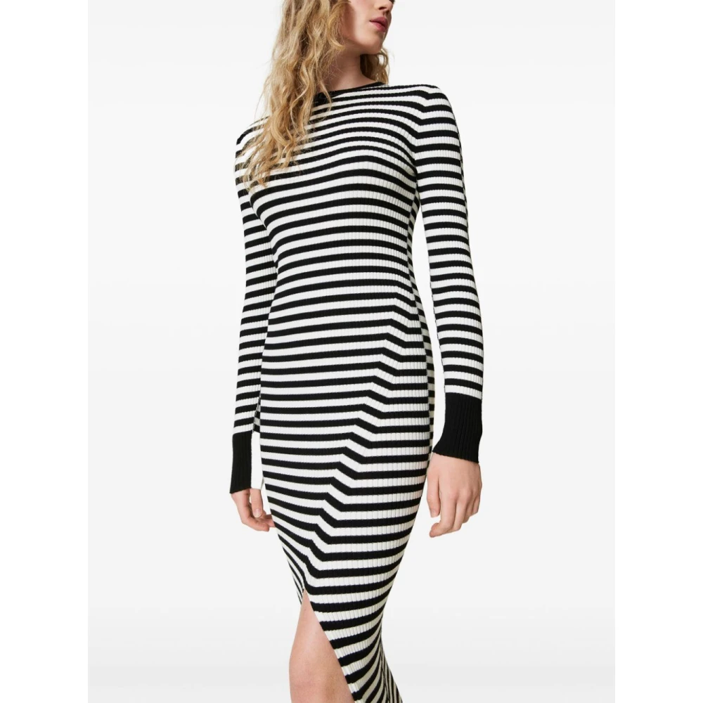 Twinset Gestreepte Gebreide Jurk Zwart Black Dames