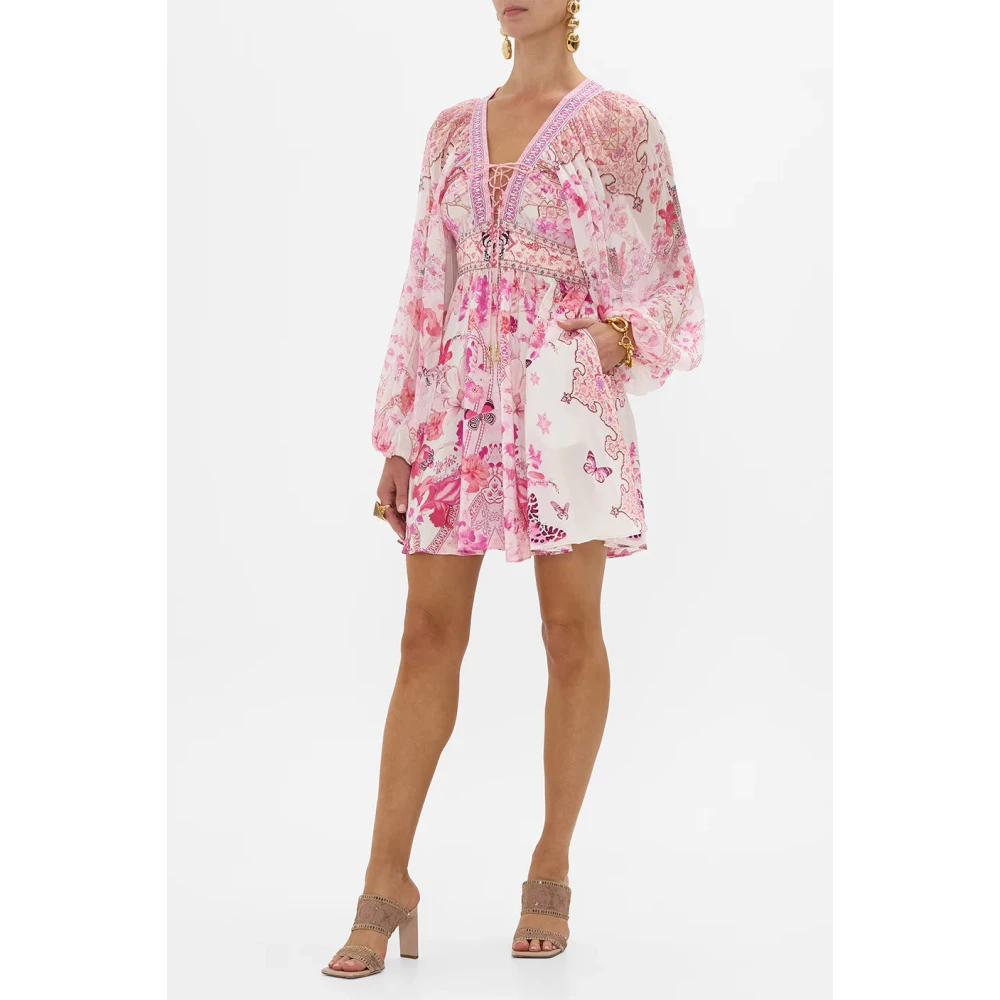 Camilla Botanische Novelle Lace Up Korte Jurk Pink Dames