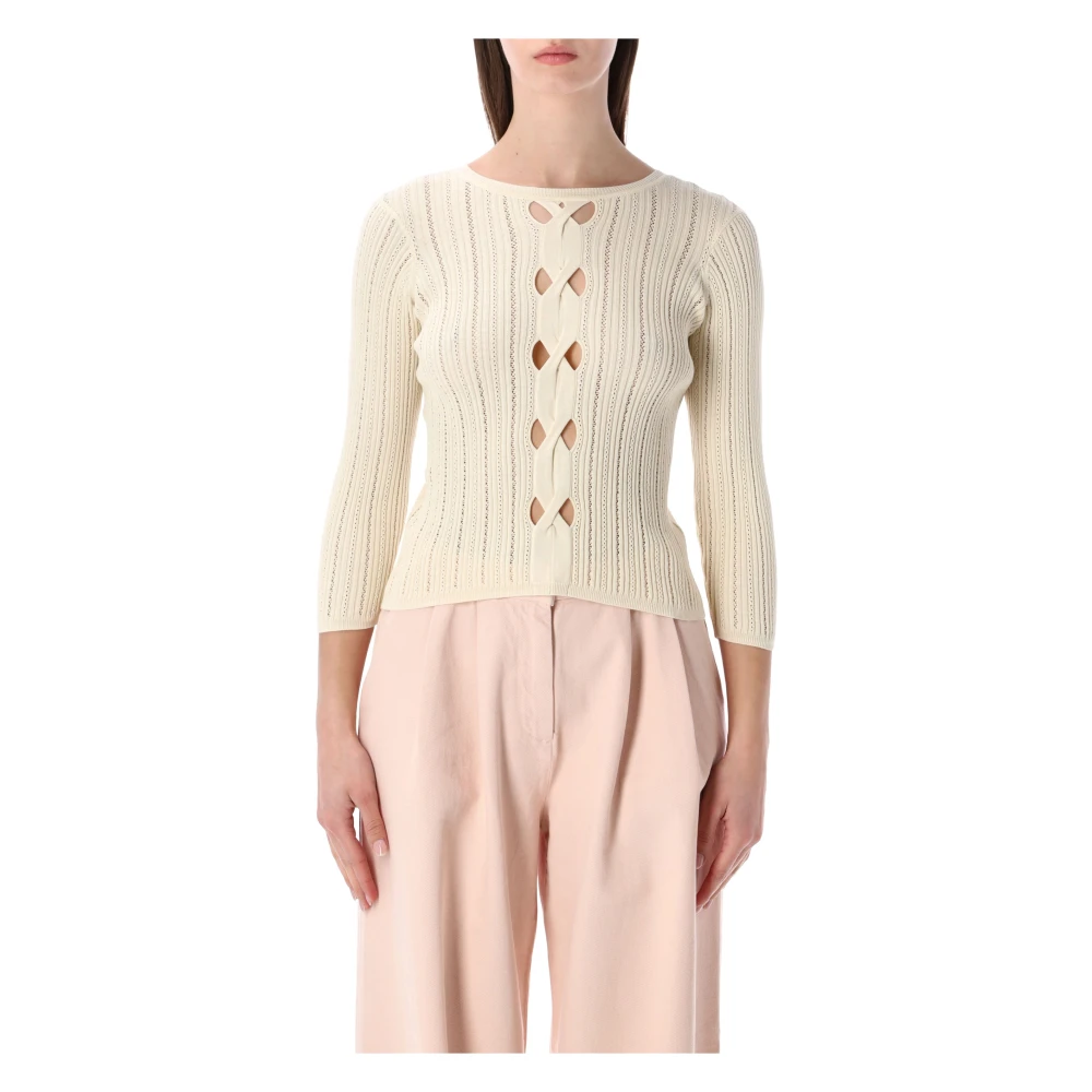 Sessun Women's White Round-Neck Knitwear, M, Alencar Pointelle Knit