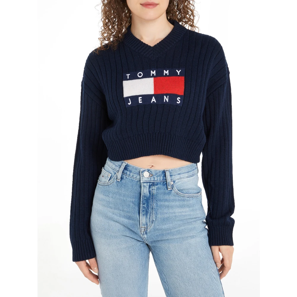 Tommy Jeans Blauwe Sweater met V Center Flag Blue Dames