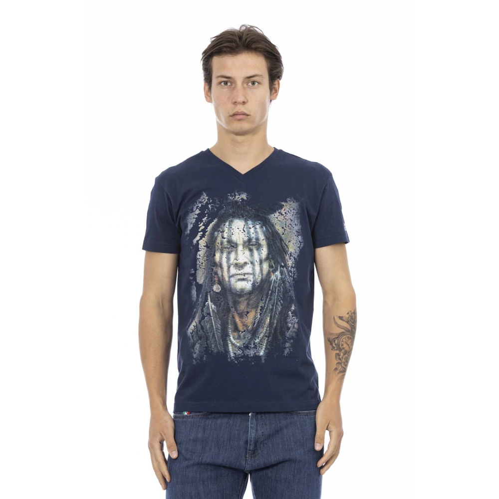 Trussardi Mannelijk Blauw Casual V-Hals T-Shirt Met Front Print