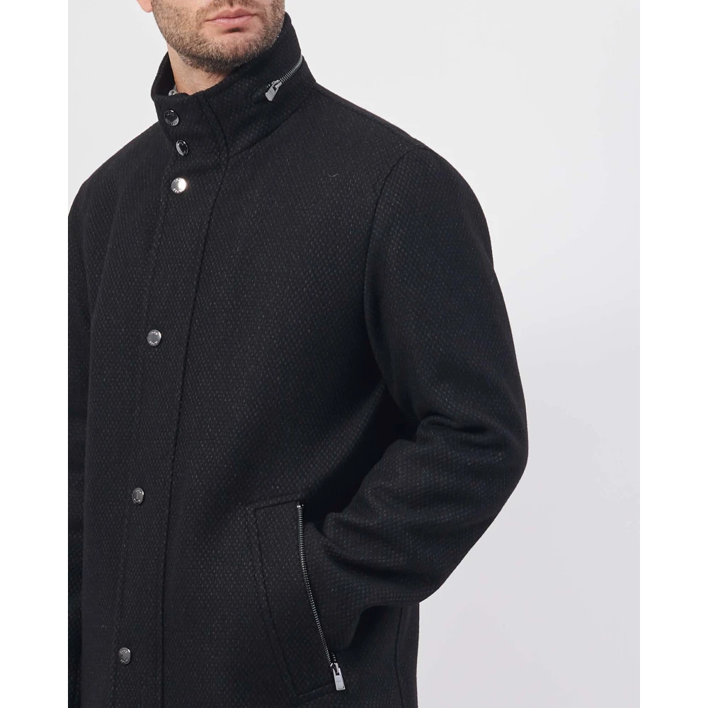 Hugo Boss Zwarte wollen hoge halsjas Black Heren