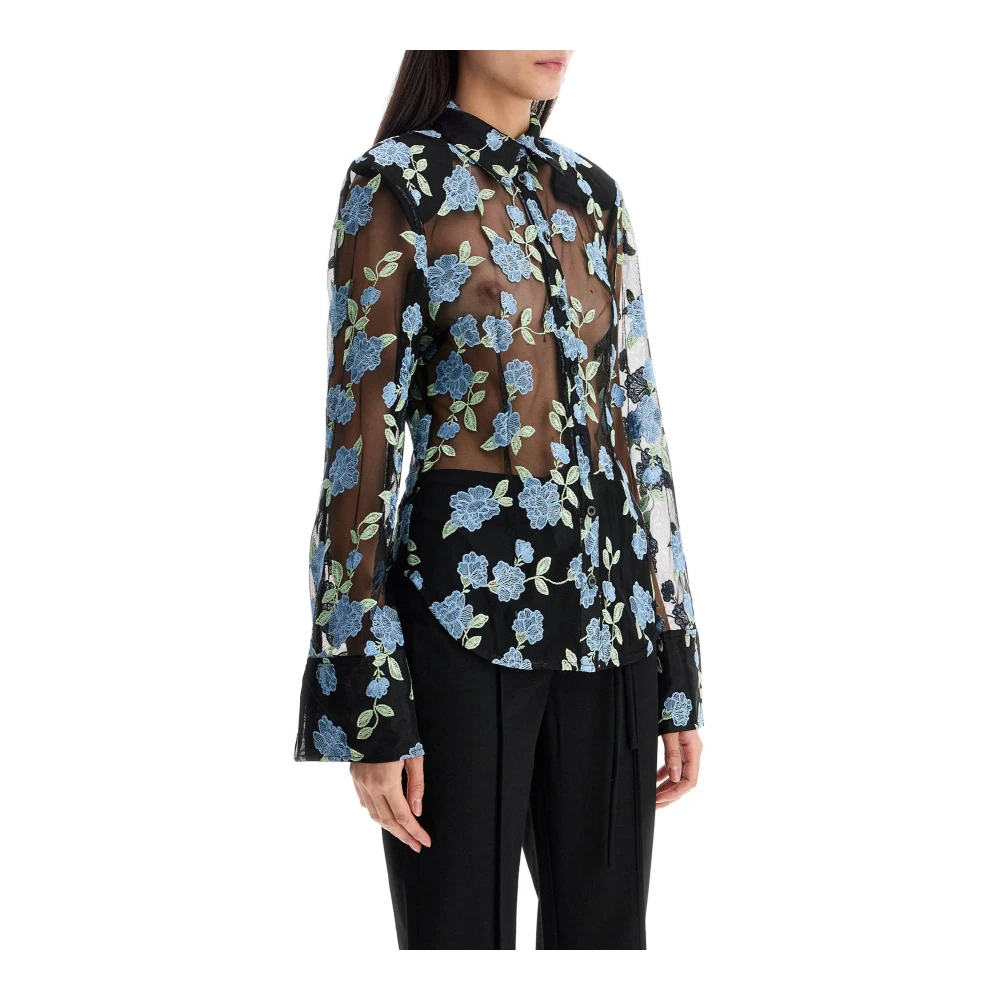 Rotate Birger Christensen Gebloemde geborduurde zwarte mesh shirt Multicolor Dames