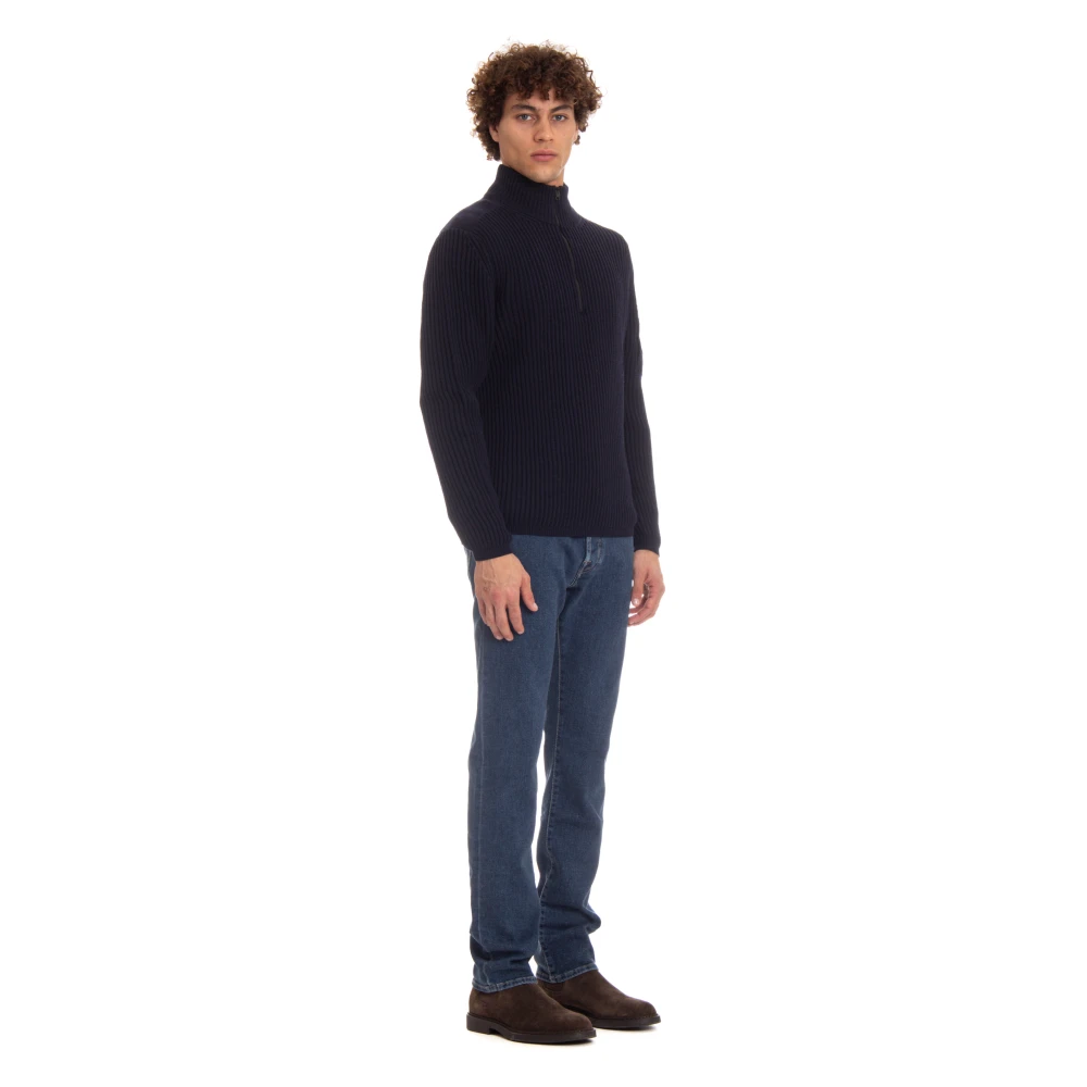 C.P. Company Blauwe Geribbelde Trui met Kwart Rits Blue Heren