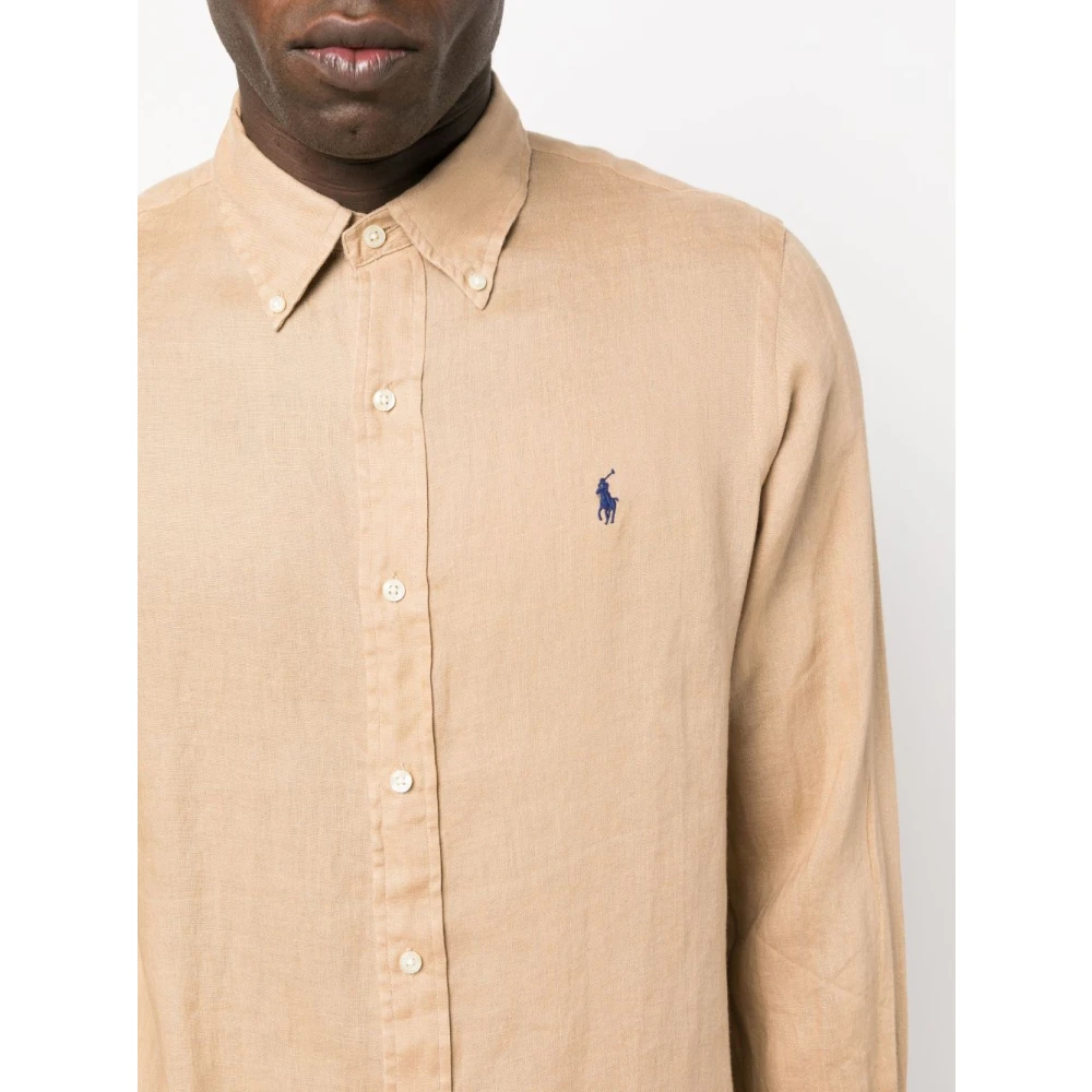 Polo Ralph Lauren Geborduurd Linnen Overhemd Beige Heren
