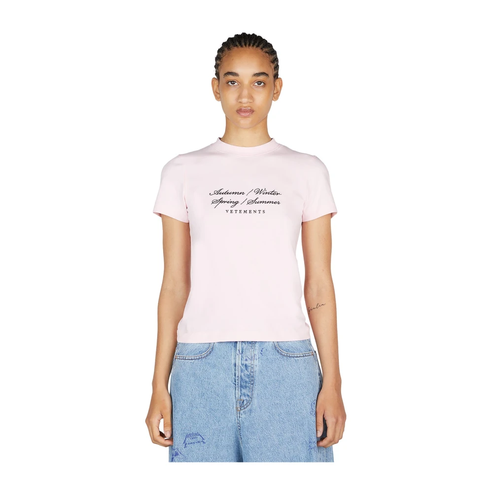 Vetements Pink Embroidered Cotton T-Shirt - Female - T-Shirts - S - Tops