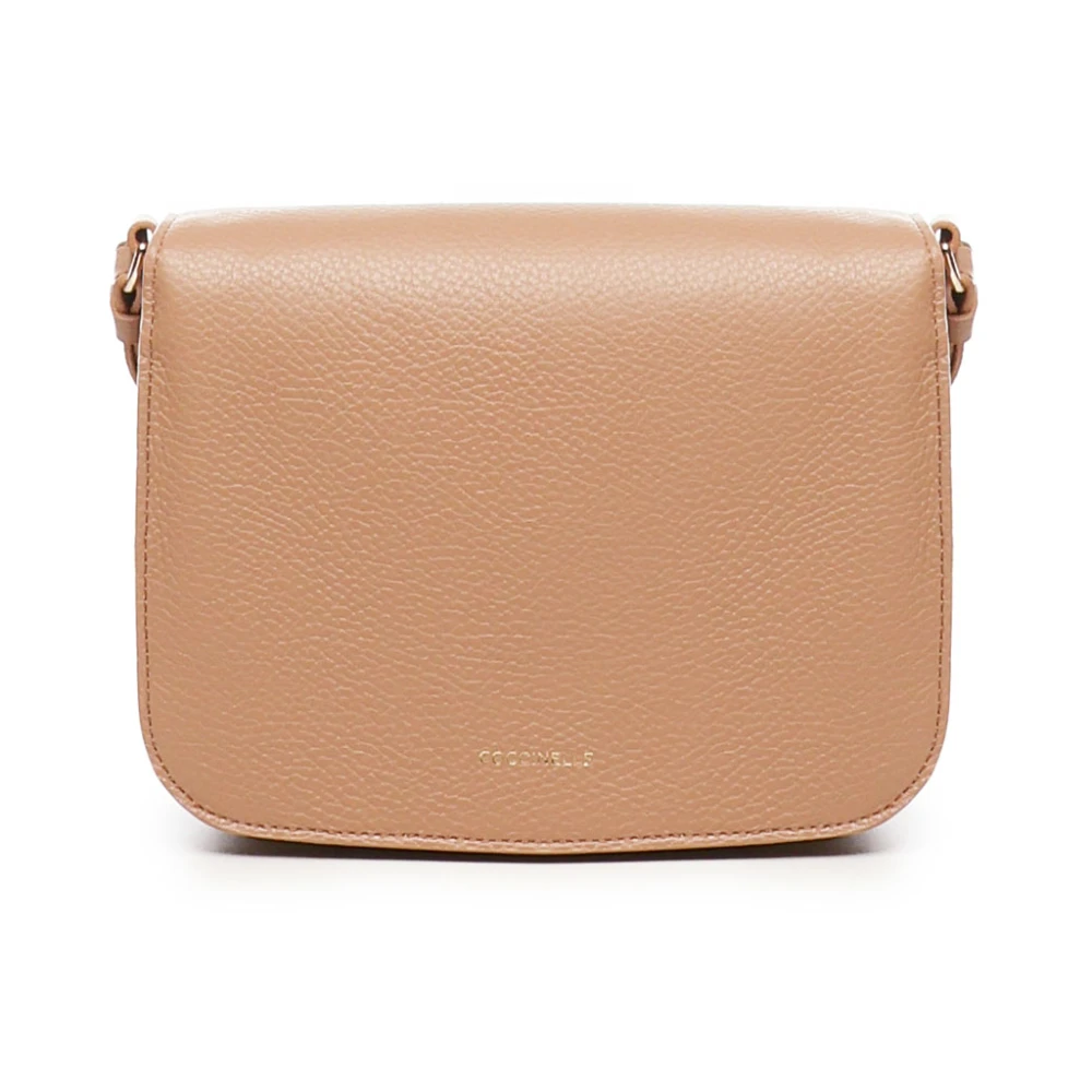 Coccinelle Leren schoudertas met logoklep Beige Dames