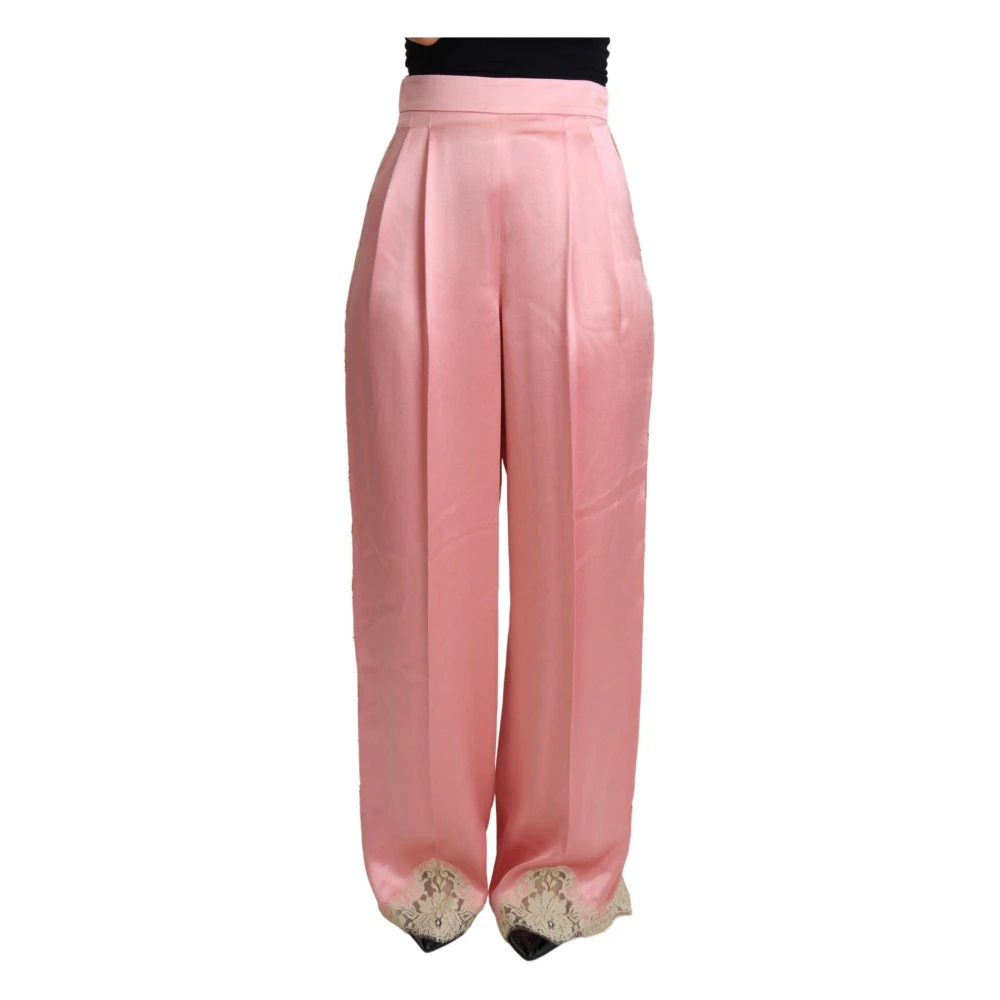 Dolce & Gabbana Vrouw Roze Broeken Dames, S, Katoen, Wijde Broek Van Zijde-Mix Met Kanten Afwerking