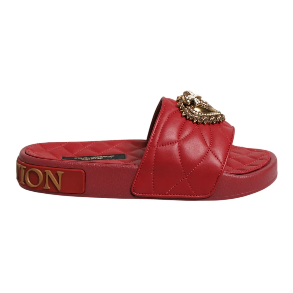Dolce & Gabbana Women's Red Sliders, 2 Uk, Devotion Leather Slides Shoes