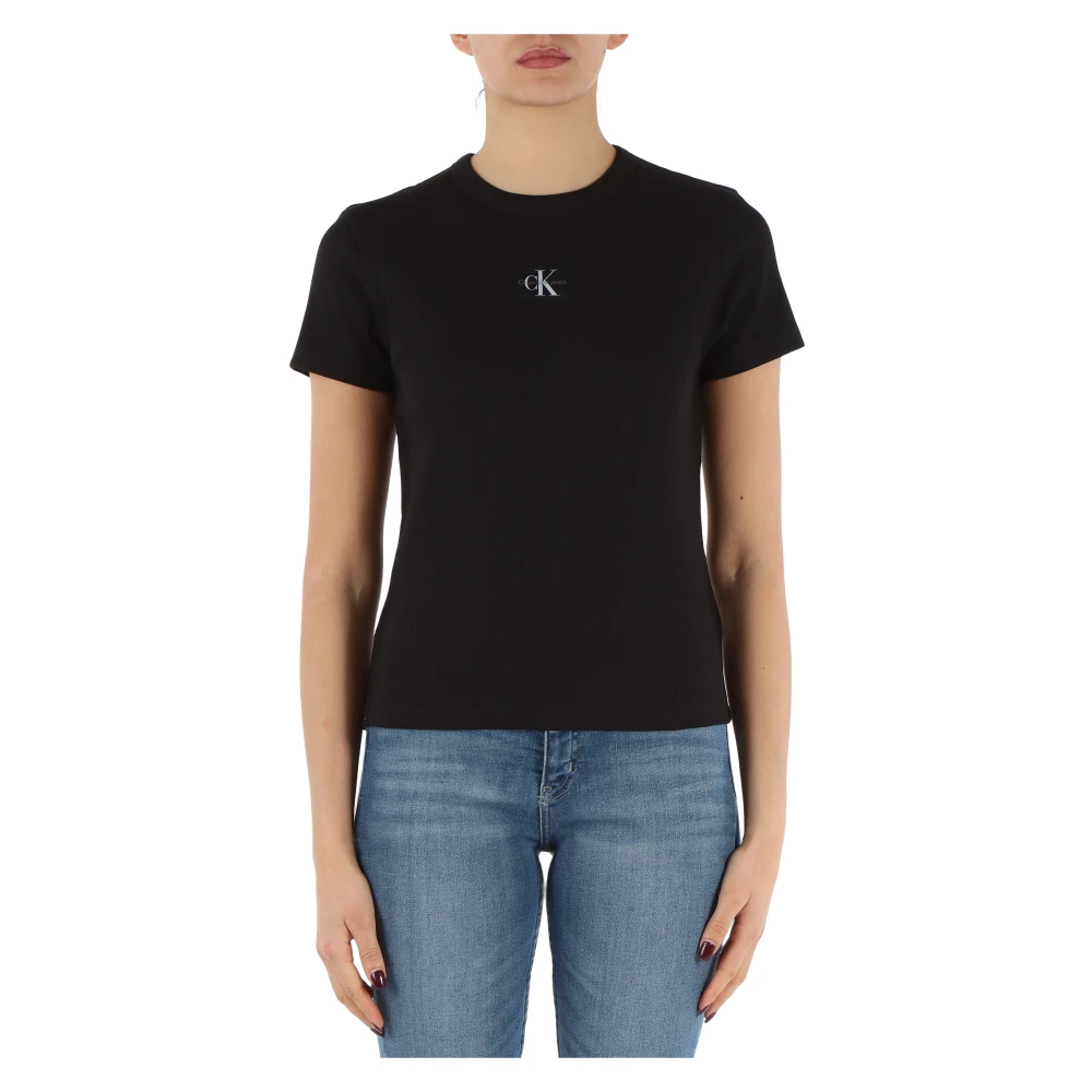 Calvin Klein Jeans Stretch Katoenen Geribbelde T-shirt Black Dames