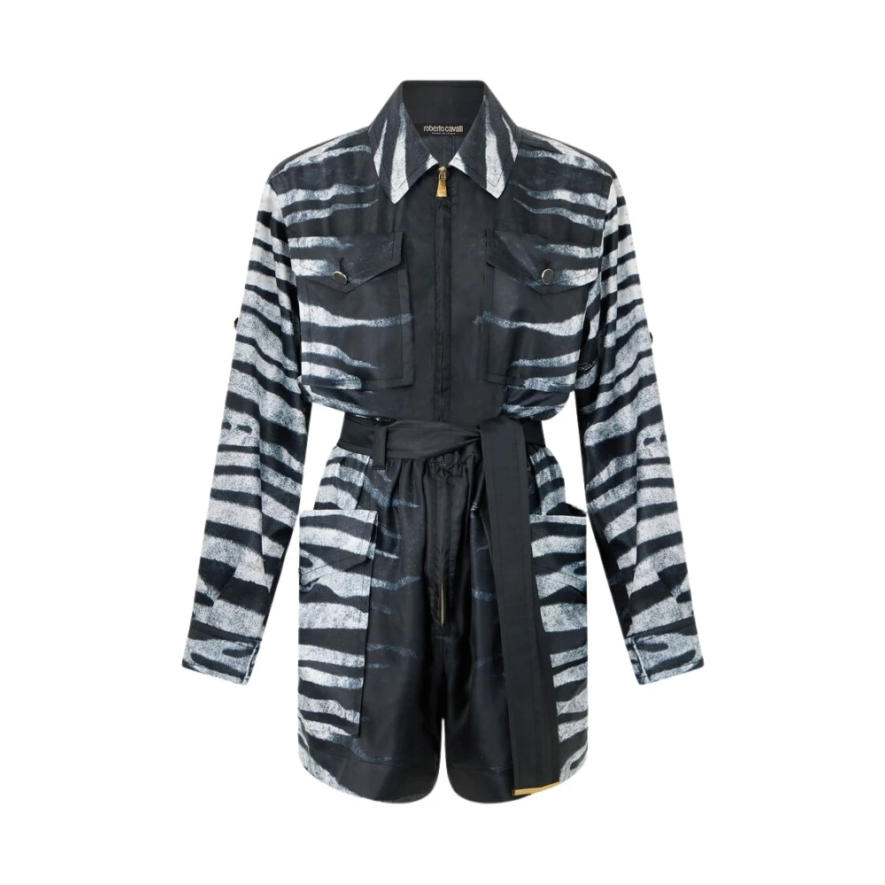 Roberto Cavalli Black Short Dresses, Female, M, Zebra Print Silk Dress