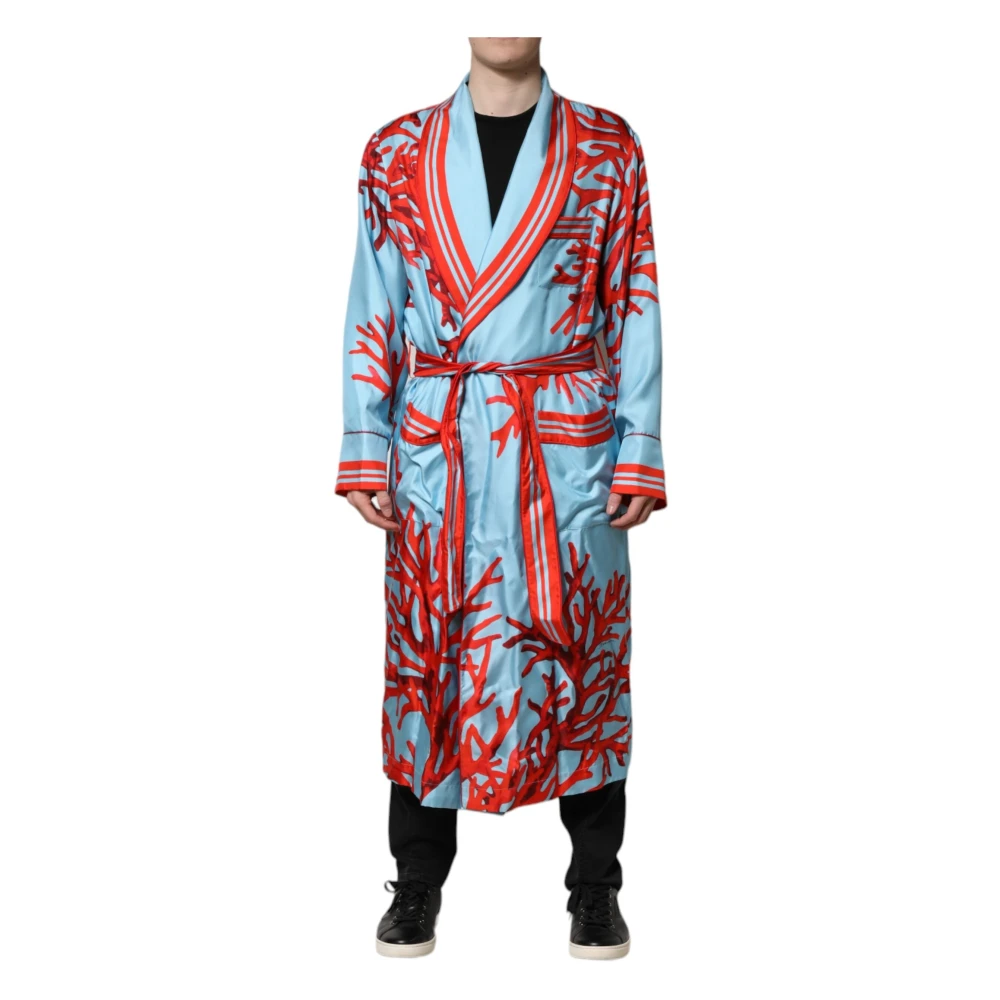 Dolce & Gabbana Blue Red Coral Print Wrap Coat - Male - Robes - Blue - Xl - Nightwear & Lounge