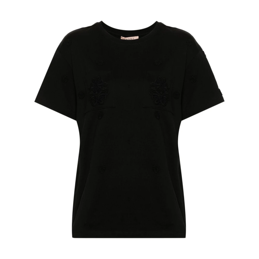 Twinset Zwart Bloemenpatch Crew Neck T-shirts Black Dames