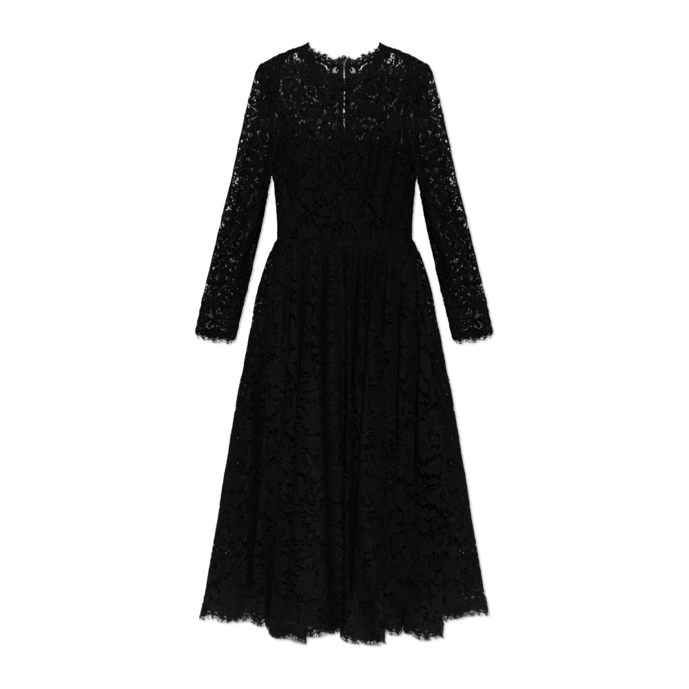 Dolce & Gabbana Vrouw Zwart Kleedjes Dames, M, Leer, Kanten Midi Jurk Met Lange Mouwen