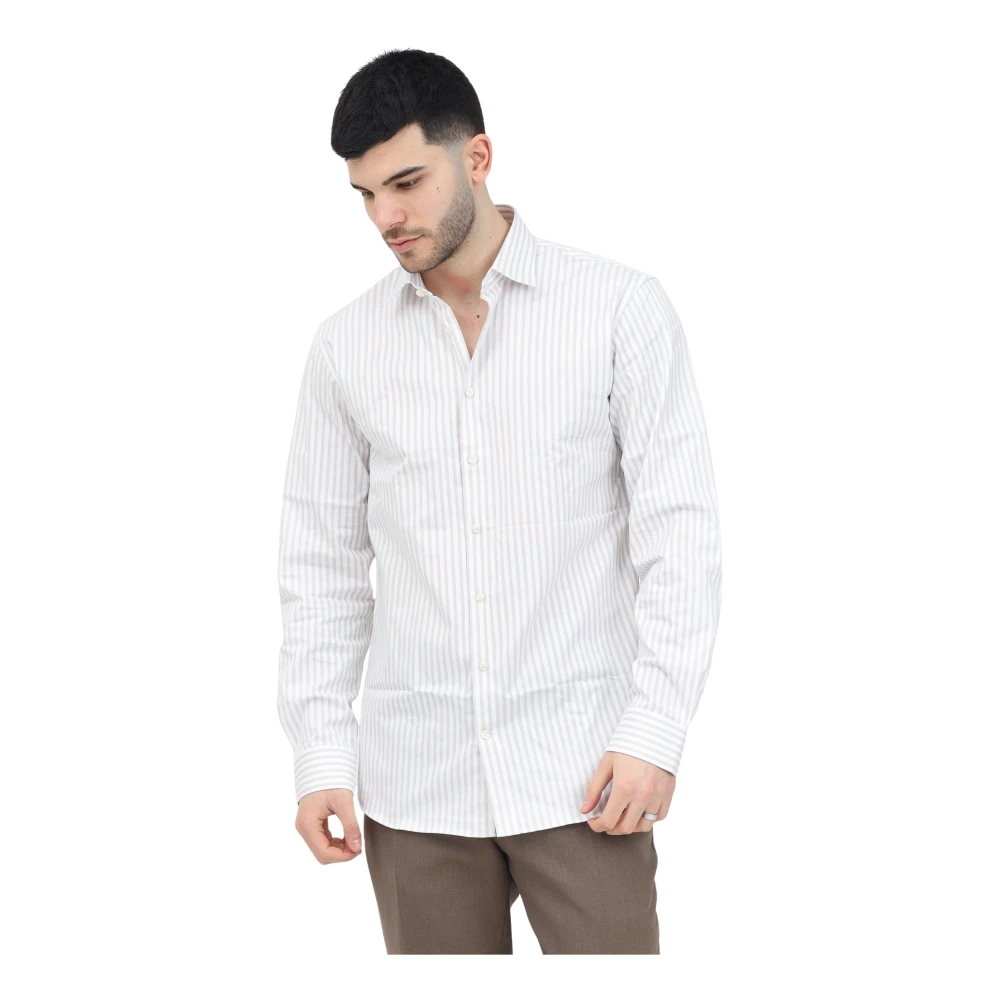 Selected Homme Wit Gestreept Overhemd Lange Mouw Beige Heren
