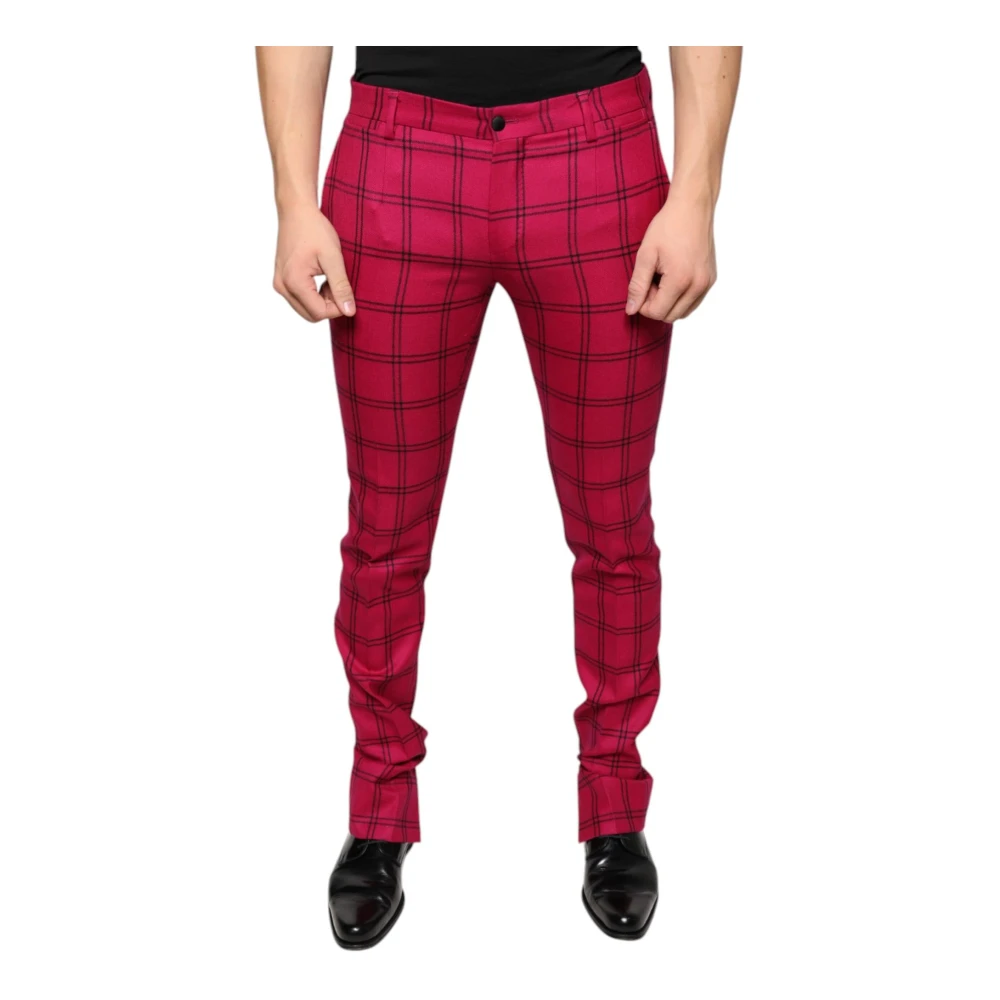 Dolce & Gabbana Men's Pink Slim-Fit Trousers, M, Checkered Wool Skinny Trousers