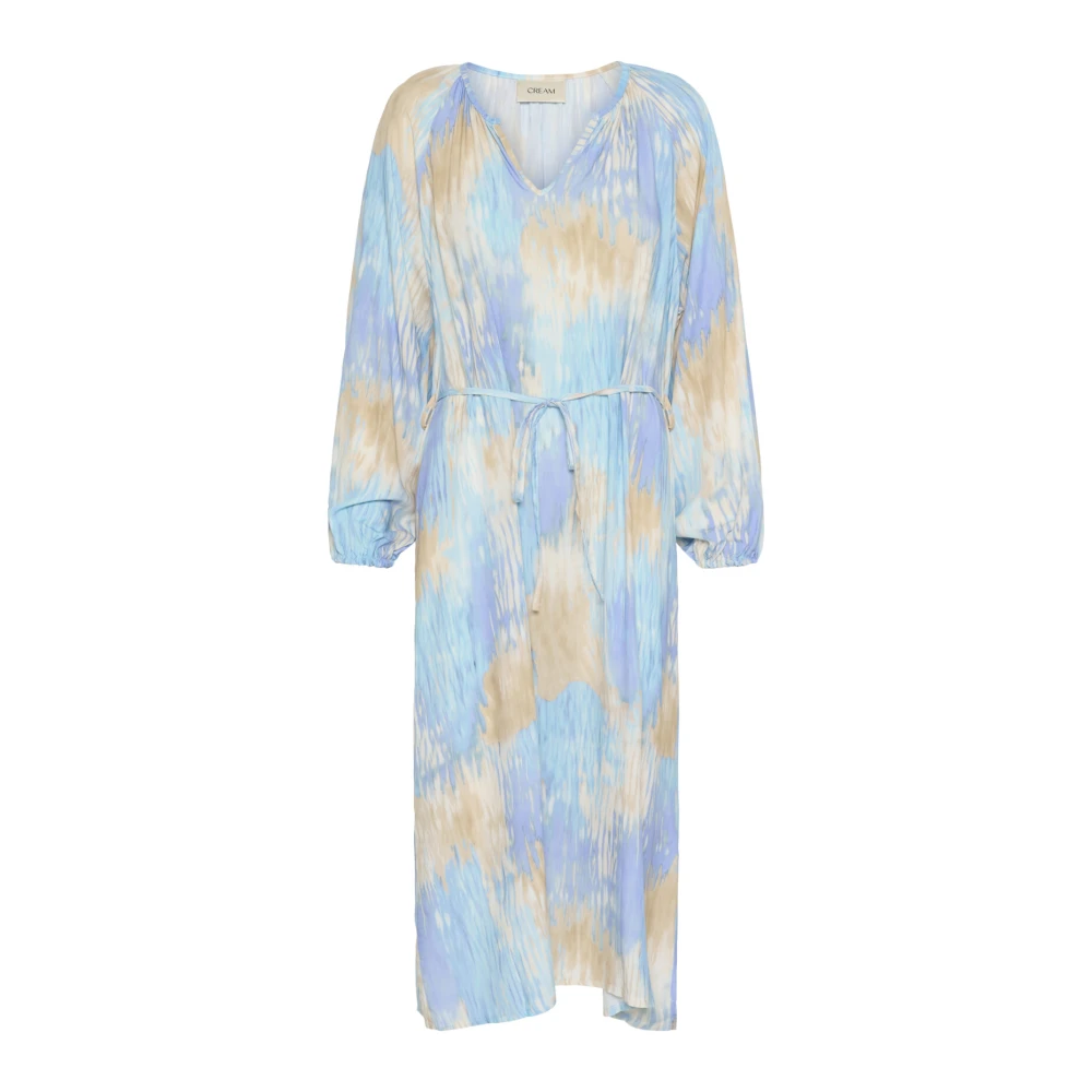 Cream Blauwe Waterverf Jurk met Pofmouwen Multicolor Dames