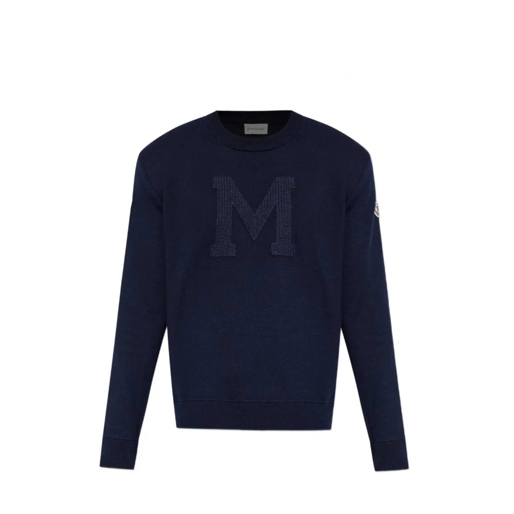 Moncler Blue Round-Neck Knitwear, Male, Xl, M Logo Crewneck Jumper