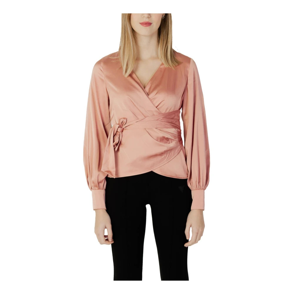 Guess Vrouw Roze Overhemden Dames, S, Polyester, Blouse Met V-Hals, Lange Mouwen En Kanten Sluiting