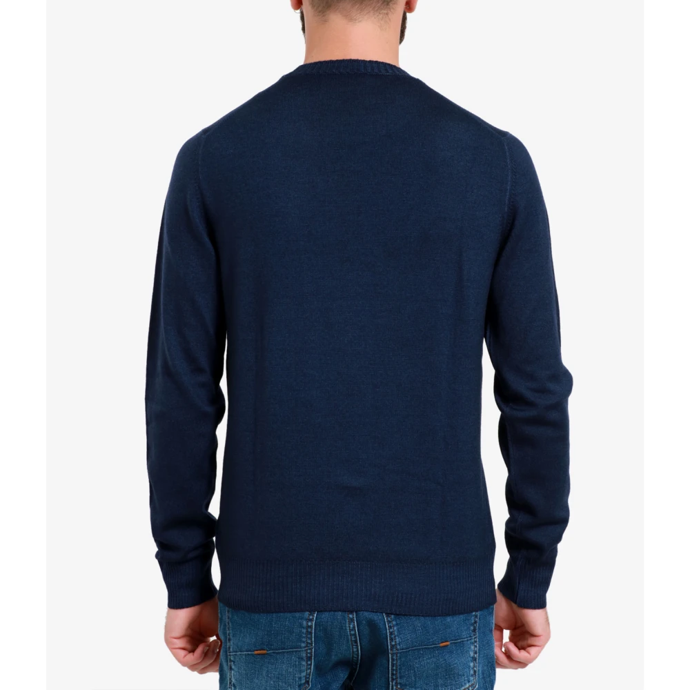 Fay Blauwe Wollen Trui met Geribbelde Details Blue Heren