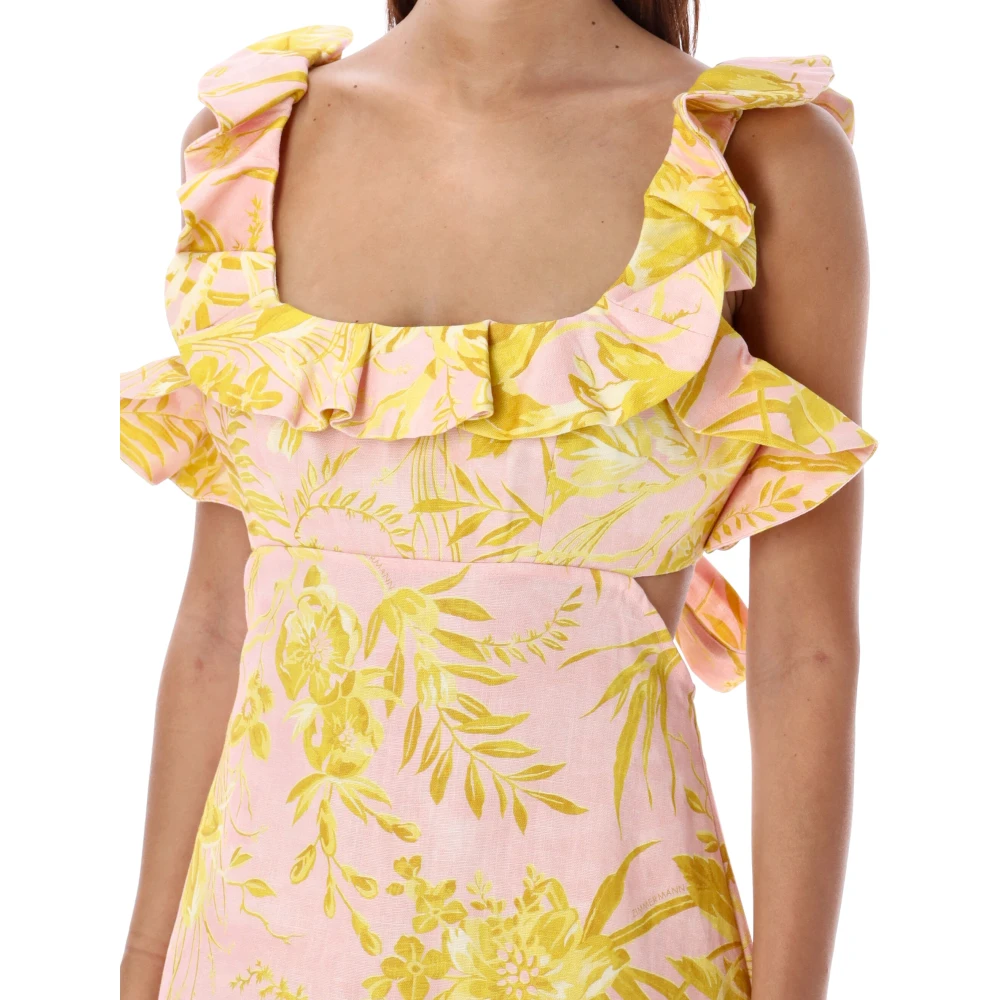 Zimmermann Bloemen Ruffle Mini Jurk Roze Geel Multicolor Dames