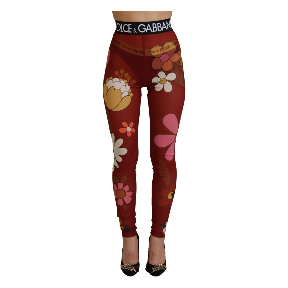 Dolce & Gabbana Women's Red Floral Leggings Stretch Waist Trousers 2XS
