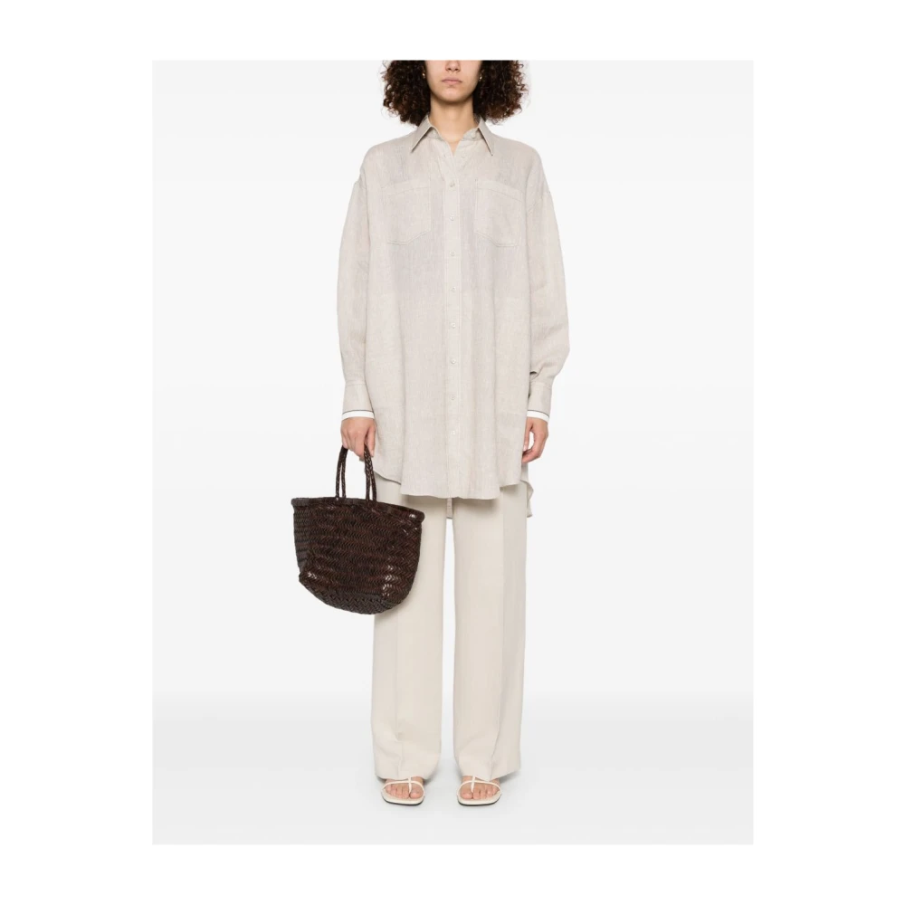 BRUNELLO CUCINELLI Beige Linnen Oversized Shirt met Monile Detail Beige Dames