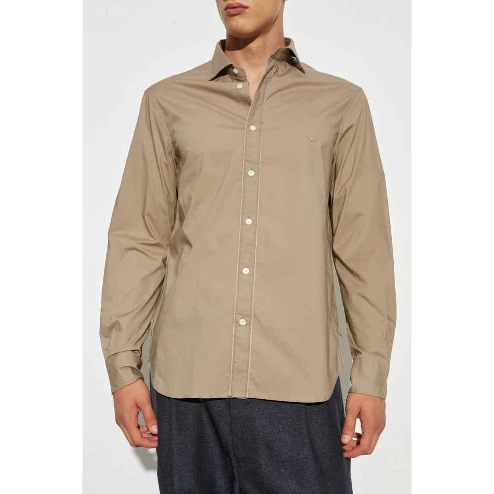 Emporio Armani Katoenen shirt met geborduurd logo Beige Heren