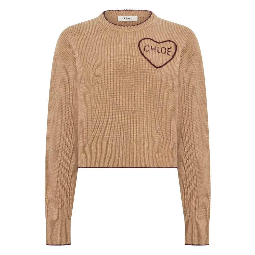 Chloé Beige Heart-Embroidered Ribbed Knit Jumper - Female - Round-Neck Knitwear - L - Knitwear