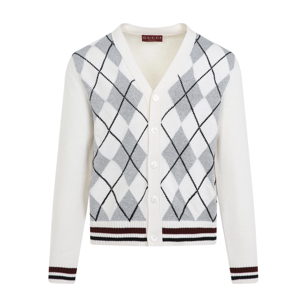 Gucci Argyle Lurex Cardigan in Wit Zilver White Heren