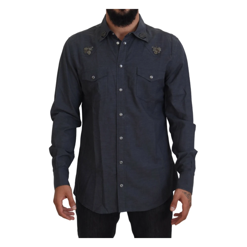 Dolce & Gabbana Blauwe Katoenen Denim Kristal Bijen Overhemd Blue Heren