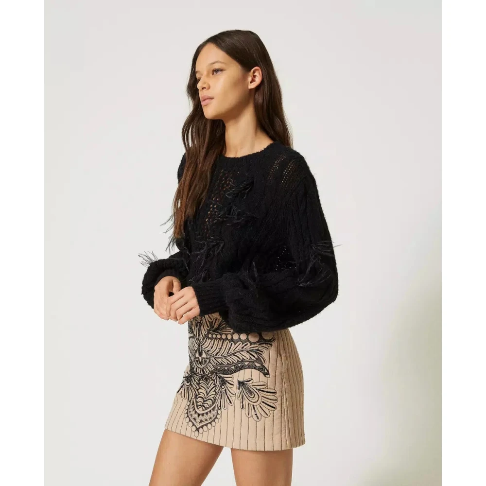 Twinset Wollen en Alpaca Trui met Veren Black Dames