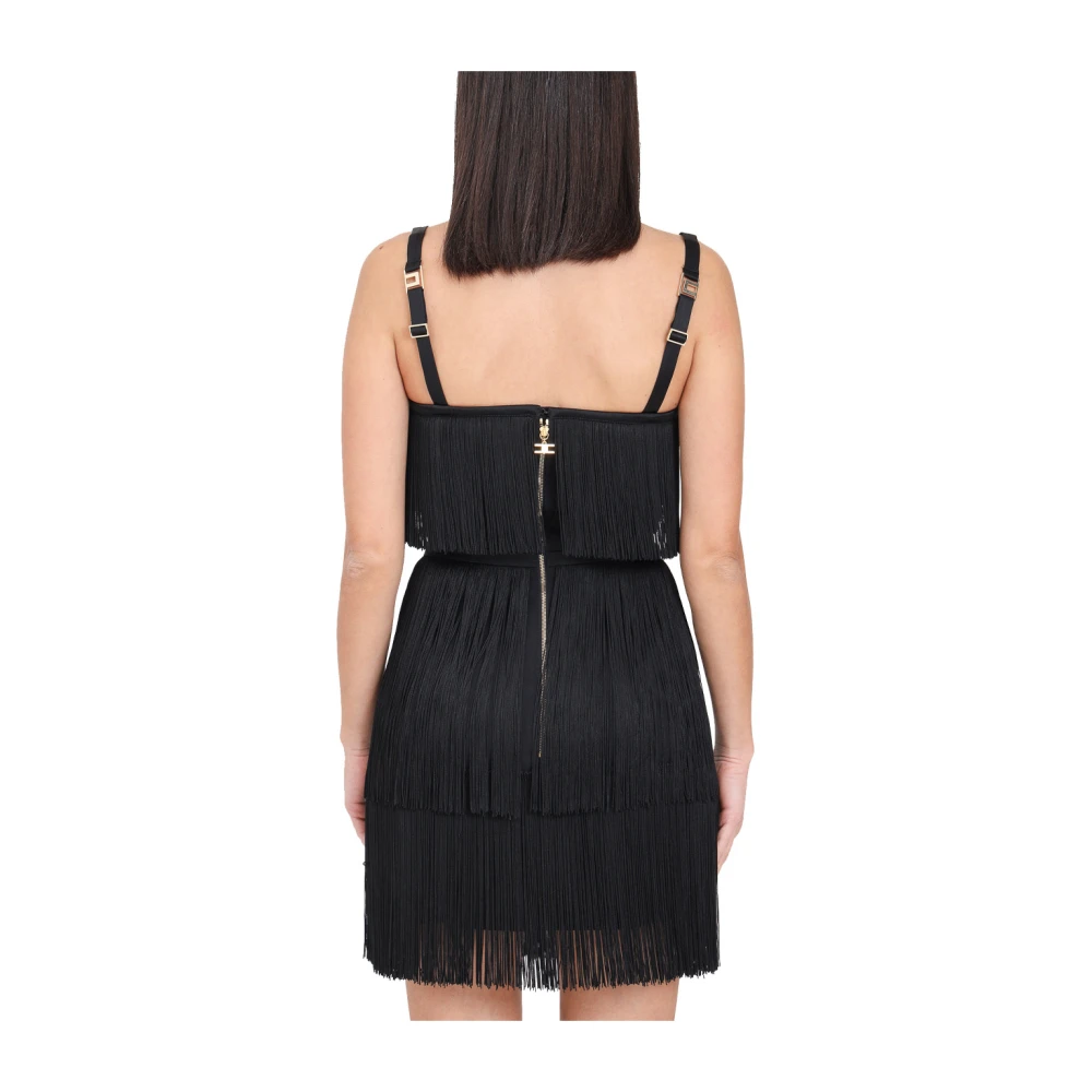 Elisabetta Franchi Chique Franje Crêpe Mini Jurk Black Dames