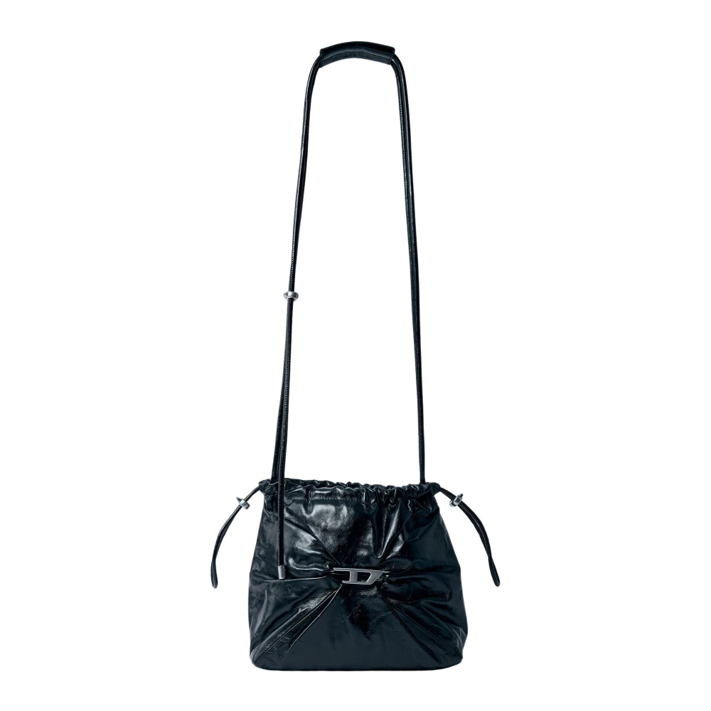 Diesel Gerimpelde Bucket Tas met Logo Hardware Black Dames