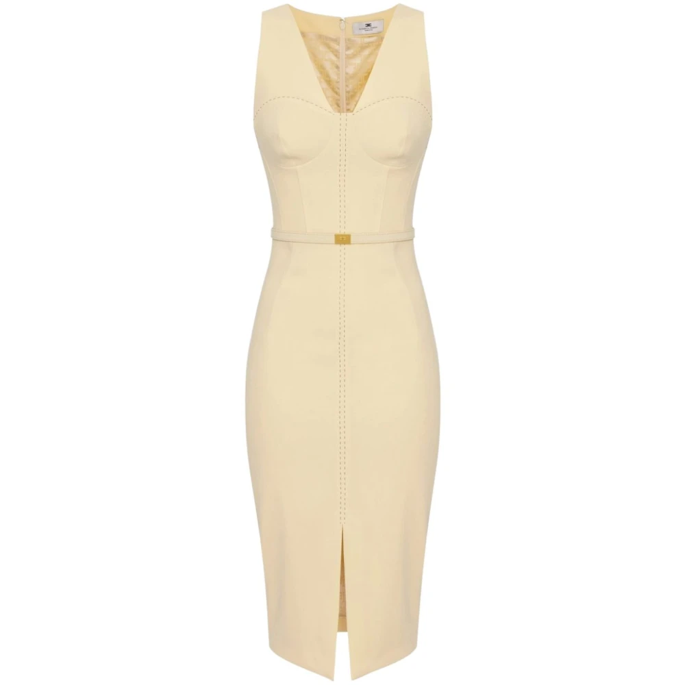 Elisabetta Franchi Elegante Midi Jurk met V-Hals Beige Dames