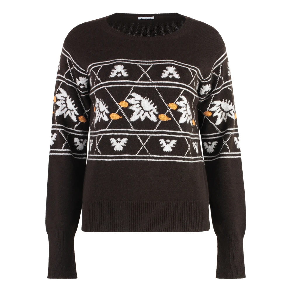 Malo Luxe Cashmere Sweater Ribgebreide Randen Brown Dames