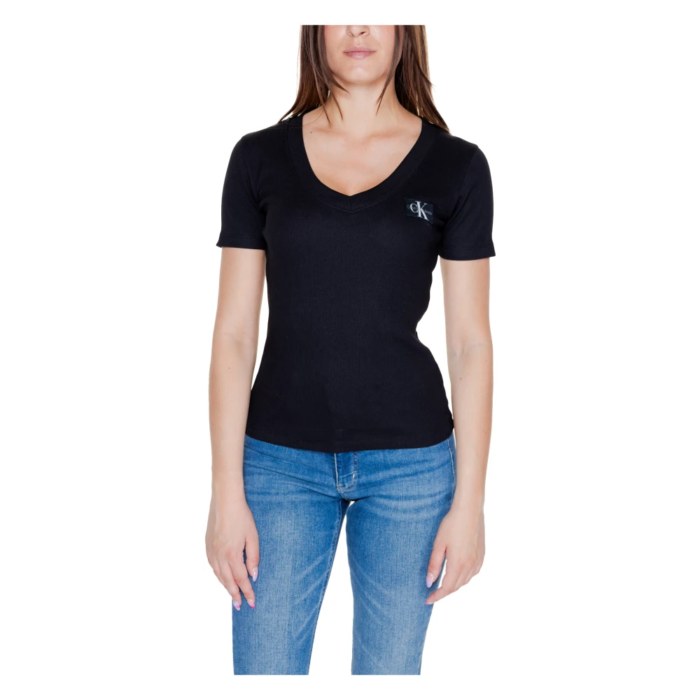 Calvin Klein Jeans Rib V-Neck T-Shirt Herfst Winter Collectie Black Dames