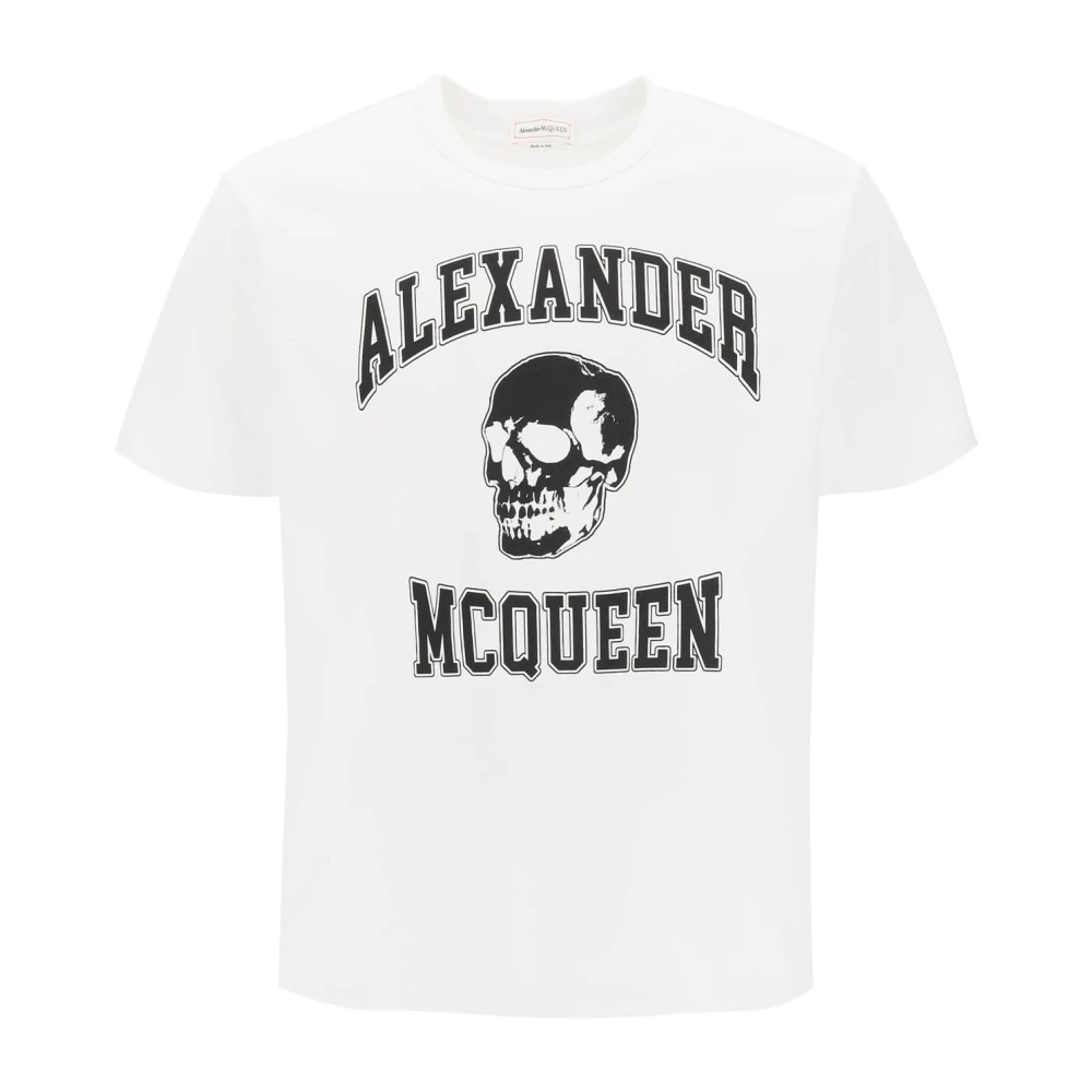 Alexander mcqueen T-shirt met Varsity Logo en Skull Print White Heren