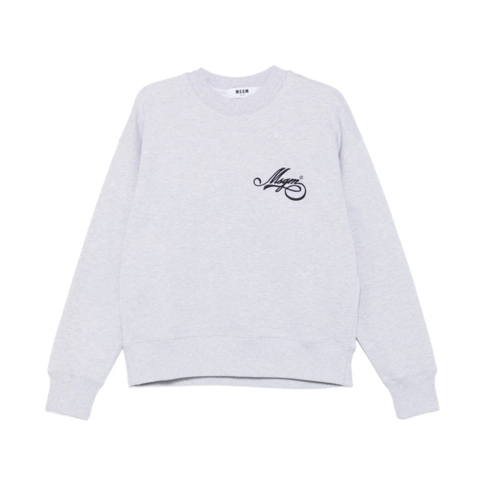 Msgm Vrouw Grijs Hoodies & Sweatvesten Dames, S, Katoen, Jersey Sweatshirt Met Ronde Hals En Cursief Logo