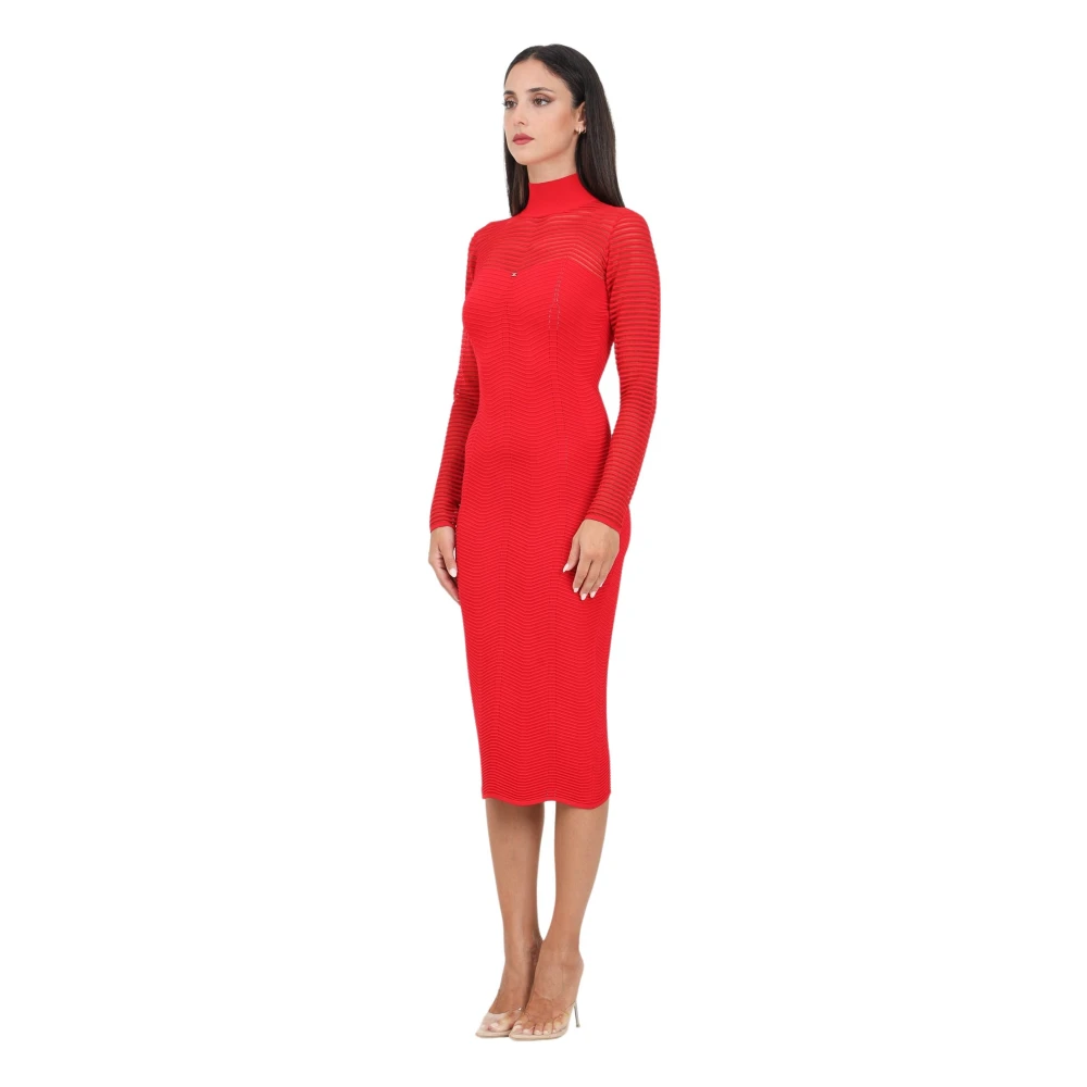 Elisabetta Franchi Rode Chevron Midi Jurk met Doorschijnende Mouwen Red Dames