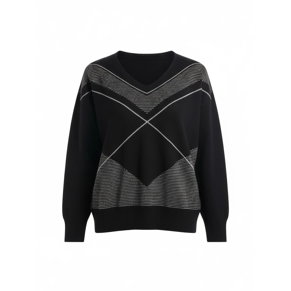 D.exterior Women's Black V-Neck Knitwear, M, V-Neck Knit With Intarsia And Rhinestone Detail