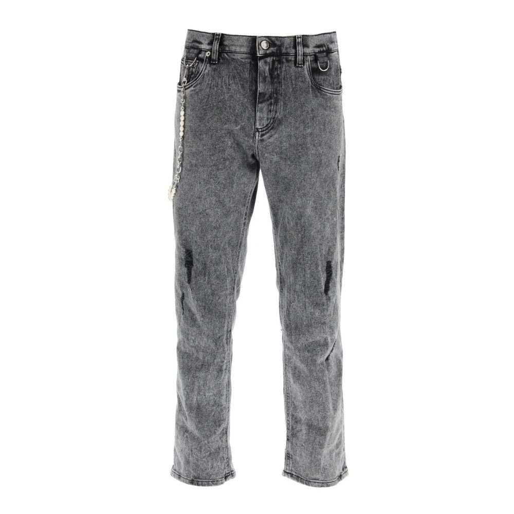 Dolce & Gabbana Parel-Verfraaide Loose Jeans met Sleutelhanger Gray Heren