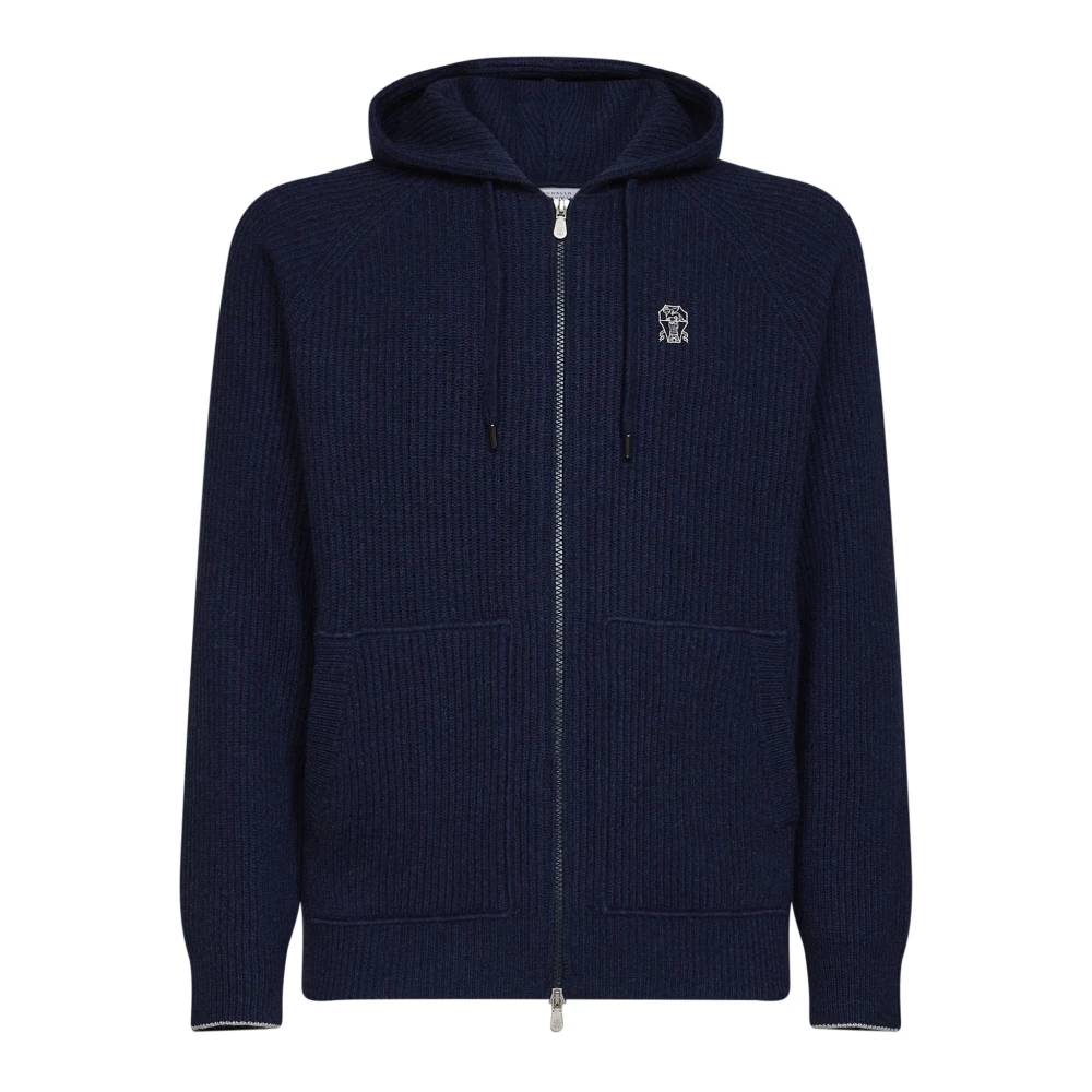 Brunello Cucinelli , Cashmere Knitwear, Male, Blue, S, English Rib Cashmere Hooded Zip-Up