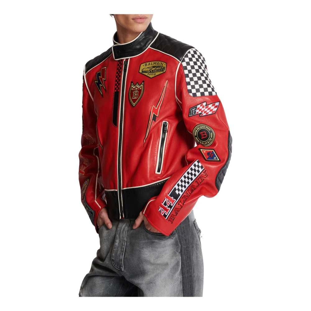 Balmain Lamsleren jas met Racing-patches Red Heren