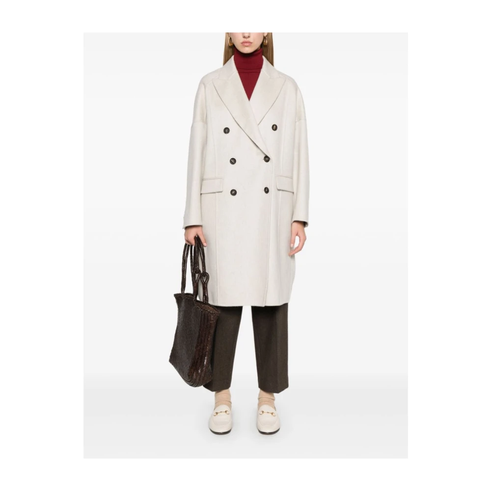 BRUNELLO CUCINELLI Kasjmier Grijs Jas Dubbele Knopen Peak Revers Gray Dames