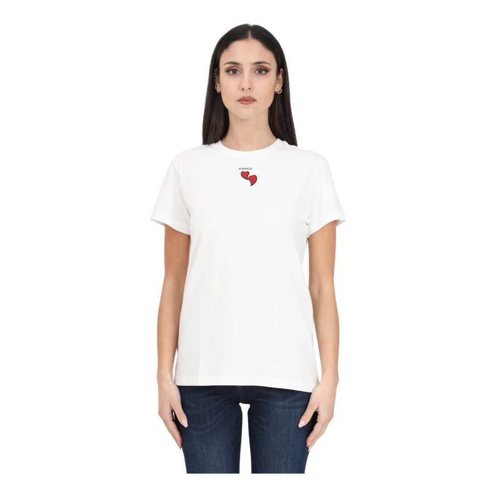 pinko Witte T-shirt met korte mouwen en rode hart borduursels en logo print White Dames