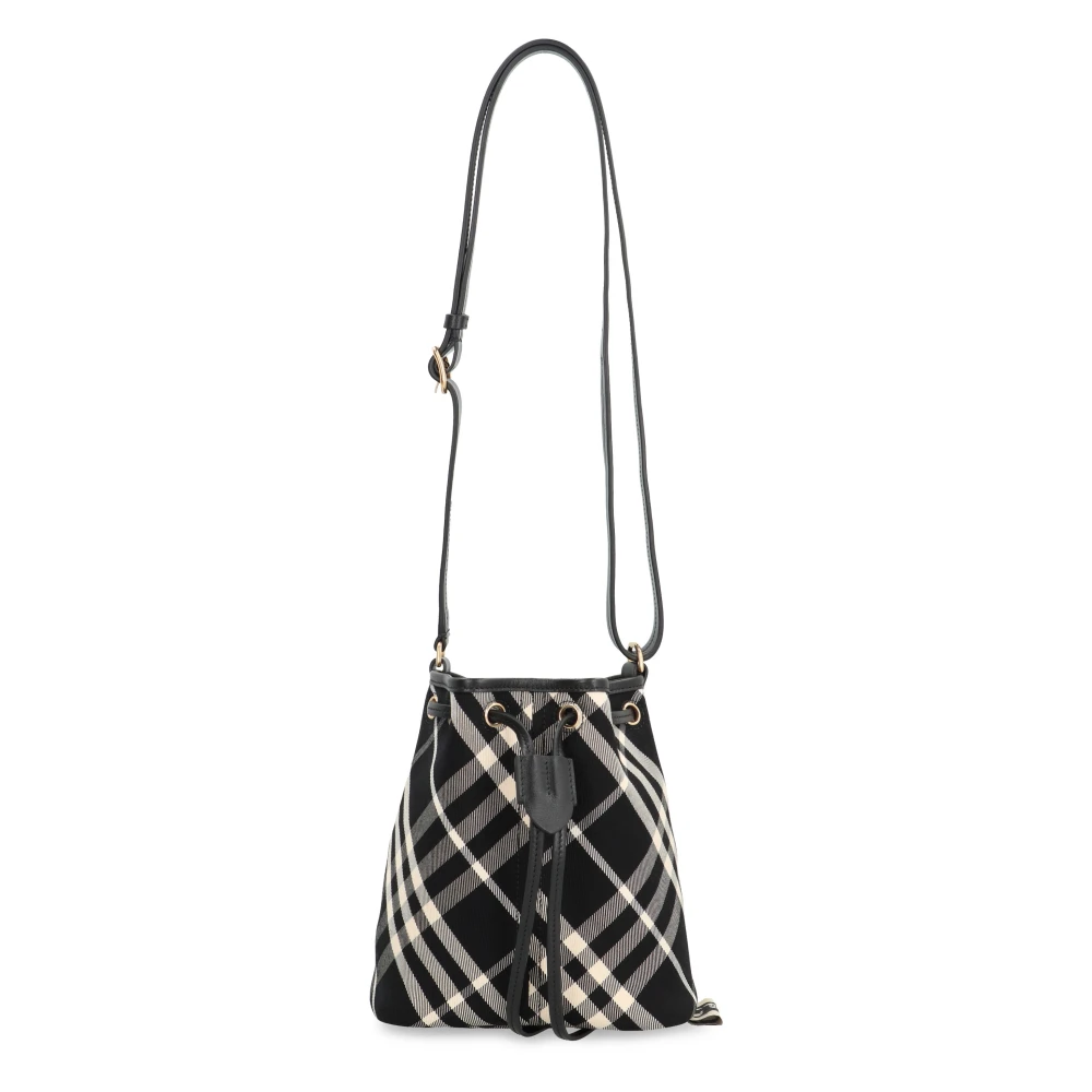 Burberry Mini Check Bucket Tas met Leren Details Black Dames